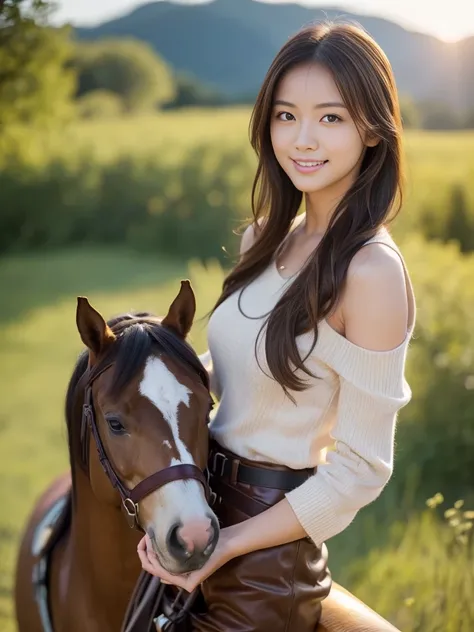 Cowboy Shot, View your viewers, (Early autumn hiking date), (8k, RAW Photos, Best Quality, masterpiece:1.2), (Realistic, Photorealistic:1.4), ((Horse riding attire:1.1)), Teenage Japanese Woman, (One Woman:1.2), She is very beautiful, Cute and symmetrical ...