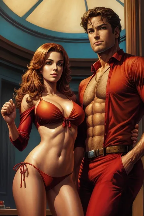 a painting of a woman in a bikini and a man in a red shirt, by Glenn Fabry, mark schultz, inspired by Mark Brooks, by Mark Brooks, inspired by Glenn Fabry, by Mark Zug, frank cho, by Jorge Jacinto, joe chiodo, dc comics art style, david finch, dc comics st...