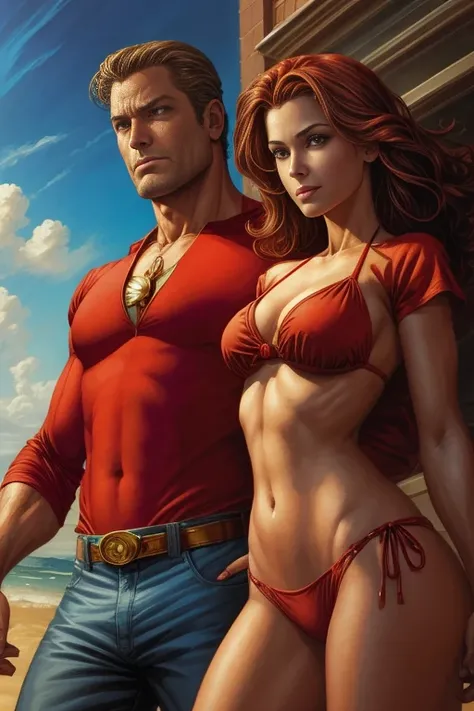 a painting of a woman in a bikini and a man in a red shirt, by Glenn Fabry, mark schultz, inspired by Mark Brooks, by Mark Brooks, inspired by Glenn Fabry, by Mark Zug, frank cho, by Jorge Jacinto, joe chiodo, dc comics art style, david finch, dc comics st...