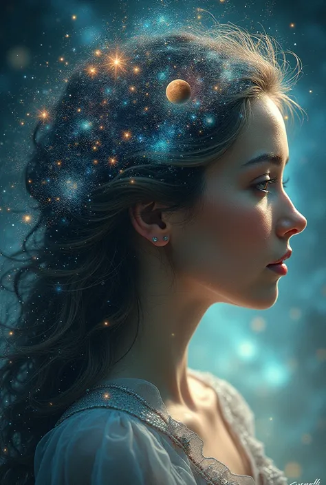 Side face of a very beautiful woman, the hair is a galaxy of stars, the solar system