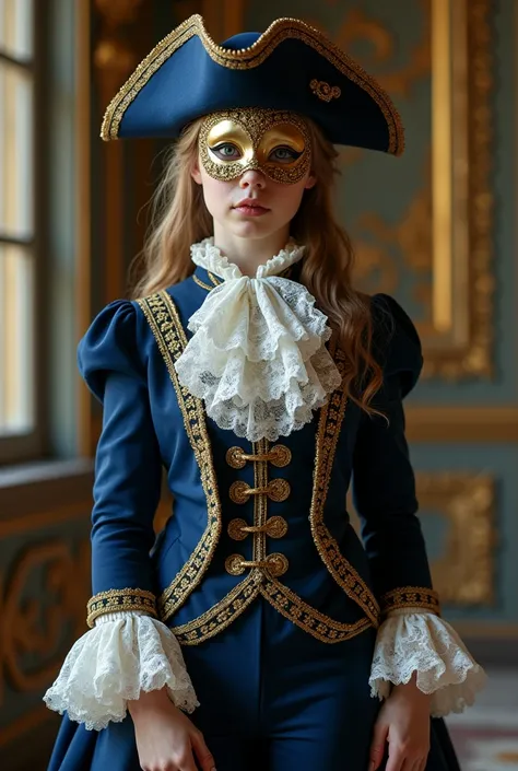 a girl dressed in 1710s Mens versailles Mens Suit. A Historical rococo costume with a navy blue frock coat, waistcoat, shirt,lace cuffs, big ruffled Lace Jabot Cravat, and trousers,, tricorn hat ,wig long haircut, masquerade mask, venice carnival
