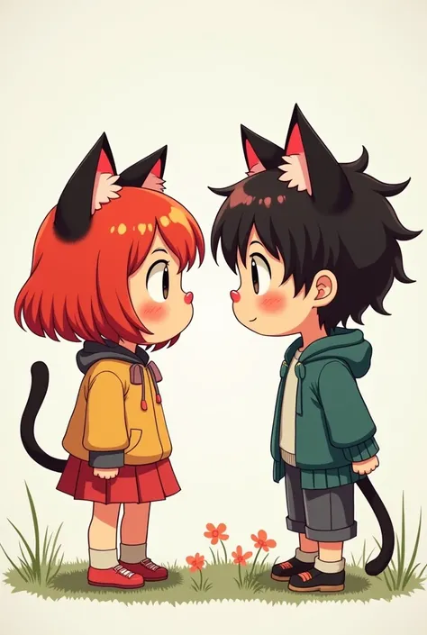 Create an image of a cartoon girl with cat ears who has short red hair and bangs looking at a boy with cat ears, red emo style hair
