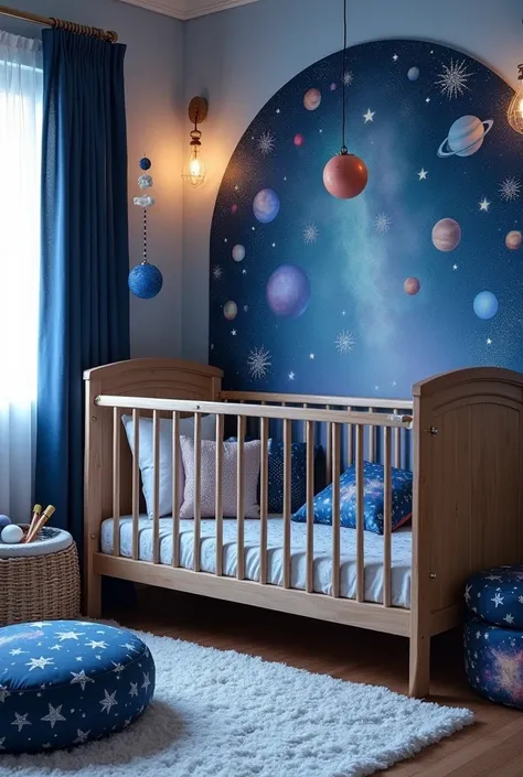  Galaxy and Space Walls and Colors: Light blue walls with planet stickers, stars and comets. An accent wall could feature a glitter galaxy mural for a charming touch..

Furniture: Berço em madeira clara with silver details. The dresser and armchair are in ...