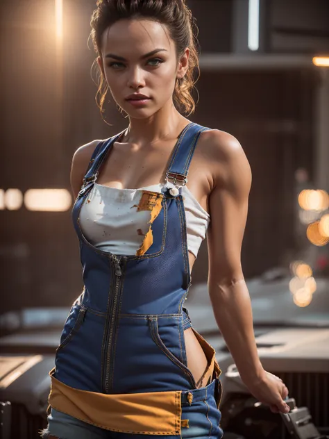 a sexy female mechanic, sexy torn mechanic overalls, bare midriff, pin-up aesthetic, high detail face, high detail skin, 8, hdr,...