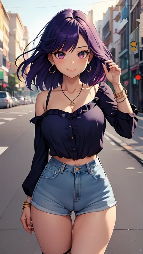 1girl, anime girl, anime, (dark skin), stylish girl, bracelet, necklace, earrings, 2d girl, 18y, (fullbody), standing, anime girl, seductive smile, (purple hair), flowing hair, hair flowing in the wind, ((darkblue blouse)), Solo, Slim, Big Breasts, Tight S...