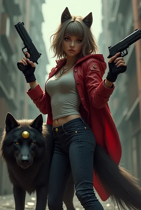 Woman In the image of Little Red Riding Hood The girl has wolf ears The girl has a wolf tail behind Her hair is light brown , bob and bangs to the side In the girl&#39;s hands are pistols raised up Nearby is a black wolf with a golden stone on his forehead