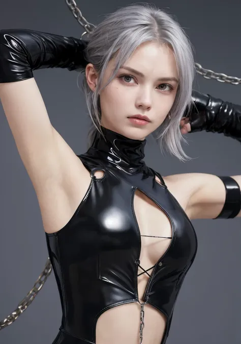 Armpit、female assassin agent、Imprisonment、Chained in a prison、Both hands are in chains、A regretful face、blush、Tears、囚われのfemale knight、Gray Hair、Long Hair、Very reastic clean armpits, armpit lines, armpit pores, SUNSHINE ON SKIN, SUNSHINE ON ARMPIT, Very Rea...