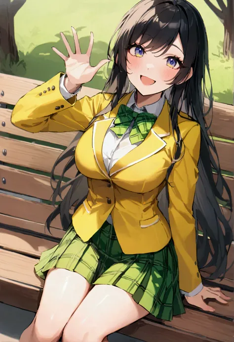 score_9, score_8_up, score_7_up, score_6_up, score_5_up, score_4_up, source_anime, aayui, long hair, black hair, gradient eyes, breasts, green bowtie, blazer, yellow jacket, long sleeves, plaid skirt, green skirt, sitting, waving, bench, outdoors, smile, w...