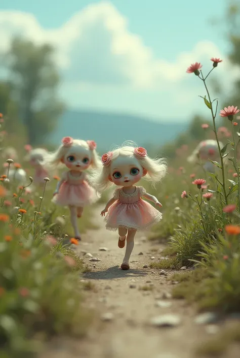 Several dolls running on a walk