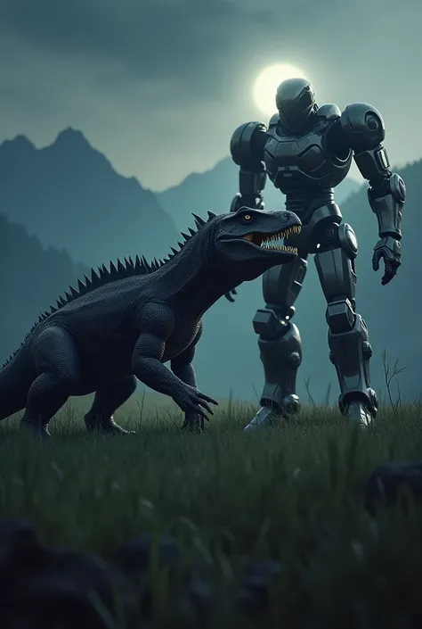 Draw me a big Komodo dragon  being angry side by side with a robot  in a Grassland What looks scary at night and in the background there are mountains, the image is as realistic as possible, make it with a resolution of 9:16