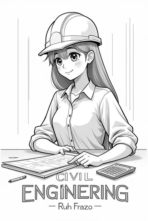 CREATE A GIRL ENGINEER WITH A SOMEWHAT A FLUFFY FACE, Round eyes. DARK STRAIGHT STRAIGHT HAIR, with a helmet, A SLEEVED, COLLARED SHIRT WITH A CLIPBOARD, PENS AND A CALCULATOR. AND SHE SMILED FROM THE CORNER WITH HER EYES SHINING. ALL THIS IN ART LINE. AND...