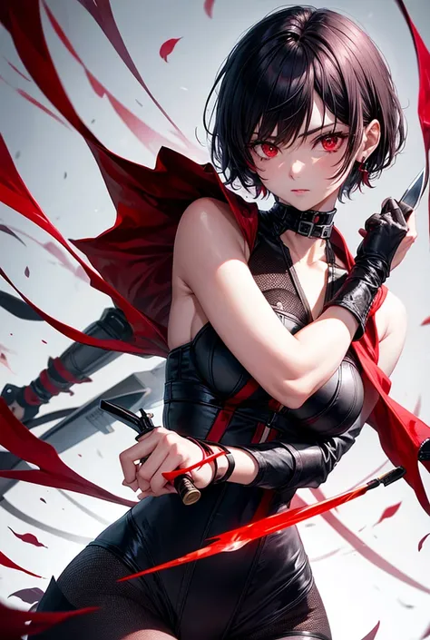 Short haired girl with red eyes holding a knife