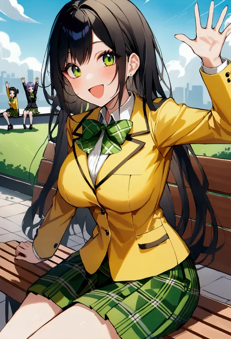 score_9, score_8_up, score_7_up, score_6_up, score_5_up, score_4_up, source_anime, aayui, long hair, black hair, gradient eyes, breasts, green bowtie, blazer, yellow jacket, long sleeves, plaid skirt, green skirt, sitting, waving, bench, outdoors, smile, w...