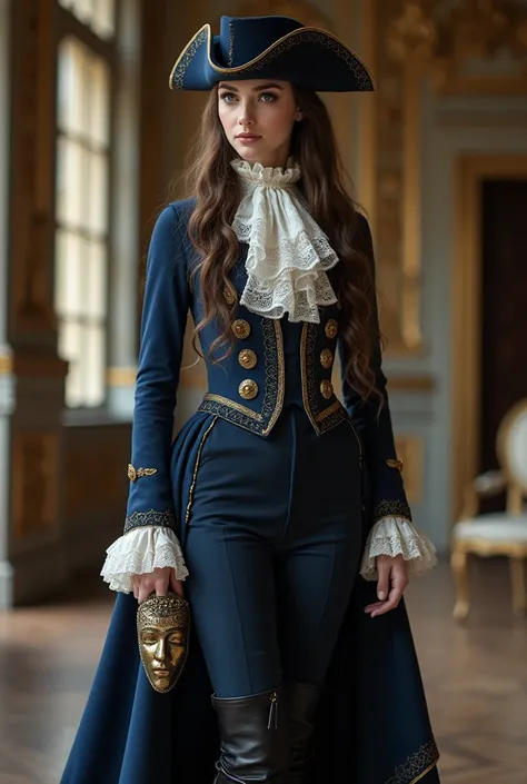 a girl dressed in 1710s Mens versailles Mens Suit. A Historical rococo costume with a navy blue frock coat, waistcoat, knee-length trousers, dark hoses, military blue-blue buttoned doublet, musketeer boots ,lace cuffs, big ruffled Lace Jabot Cravat, ,, tri...