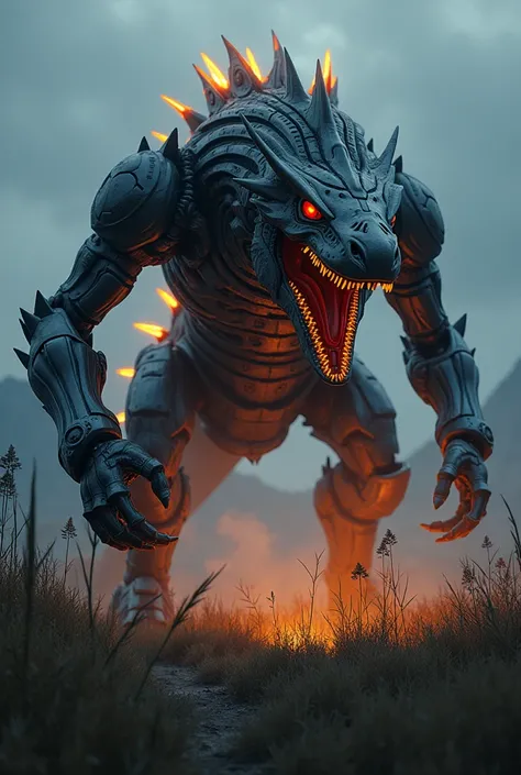 Draw me a big komodo Robot being angry With his robot eyes and body glowing fiercely and looking scary  in a Grassland What looks scary at night and in the background there are mountains, the image is as realistic as possible, make it with a resolution of ...