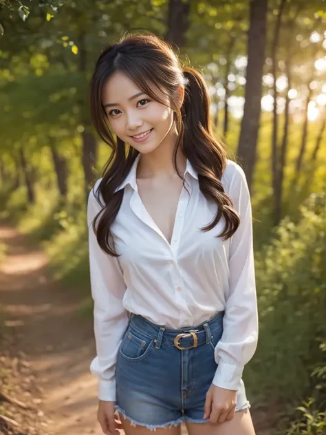 Cowboy Shot, View your viewers, (Early autumn hiking date), (8k, RAW Photos, Best Quality, masterpiece:1.2), (Realistic, Photorealistic:1.4), (Ranger Outfit:1.1), (Open Shirt), Teenage Japanese Woman, (One Woman:1.2), She is very beautiful, Cute and symmet...