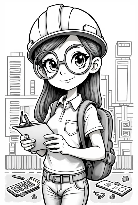 CREATE A GIRL ENGINEER WITH A SOMEWHAT A FLUFFY FACE, Round eyes. DARK STRAIGHT STRAIGHT HAIR, with a helmet, A SLEEVED, COLLARED SHIRT WITH A CLIPBOARD, PENS AND A CALCULATOR. AND SHE SMILED FROM THE CORNER WITH HER EYES SHINING. ALL THIS IN ART LINE. AND...