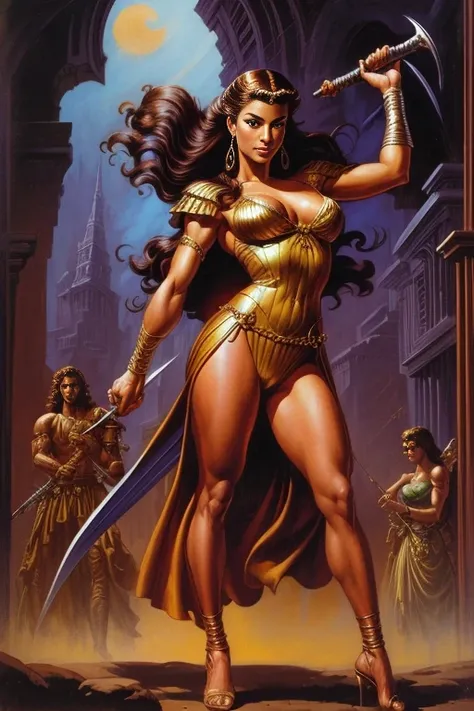 a painting of a woman with a sword and a demon, inspired by Joe Jusko, by Joe Jusko, by Glenn Fabry, mark brooks frank frazetta, by Donato Giancola, by Earl Norem, boris vallejo))), boris vallejo style, boris vallejo artstyle, inspired by Clyde Caldwell, d...