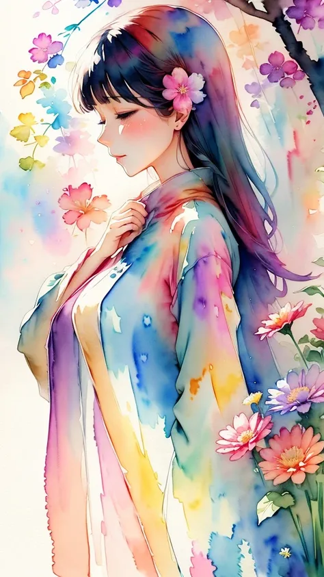 watercolor art, (watercolor painting: In this ethereal scenery, colorful flowers), Dreams and reality are intertwined. The air is filled with the intoxicating fragrance of flowers, Exquisite perfume symphony. Flowers seem to release the soul, Their essence...