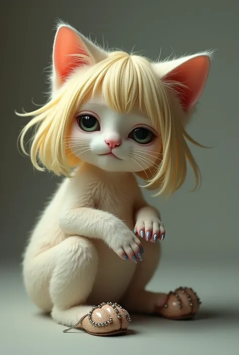 make a cat with a super sad and cute sad blonde wig and nails and heels devouring