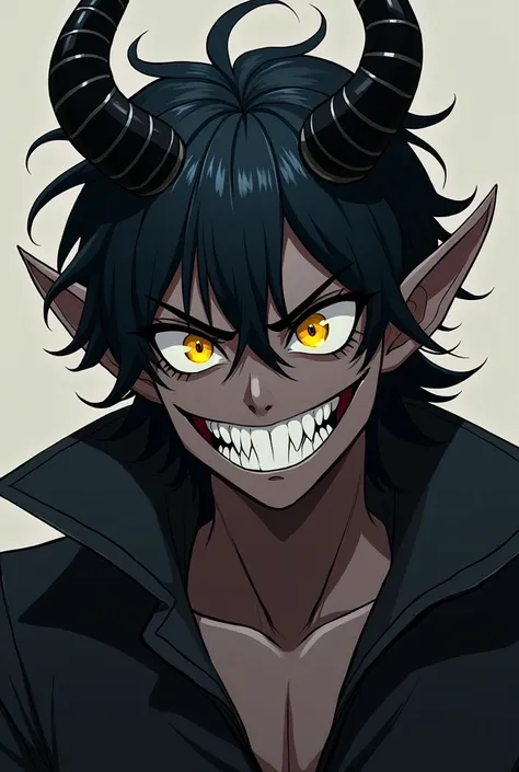 Non-realistic anime type male tiefling, drawing with matte colors, dark-skinned with black hair and golden eyes and a big lunatic smile