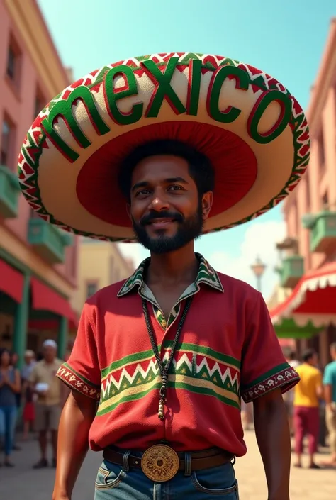 a Mexican man, short, a little fat, dark, wearing a very Mexican sarape, a big hat that says Mexico, the letters are green, white and red. It is standing in the town square, with many decorations of the independence of Mexico.