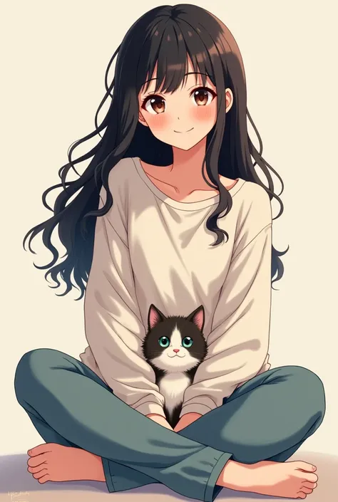 beautiful anime girl, with a wide and long shirt, posing with black wavy hair and pants with a kitten on her legs, smiling