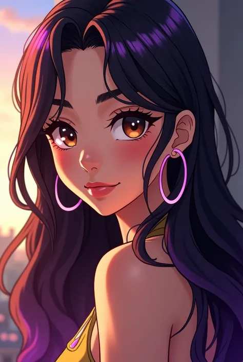 a Brazilian woman with long dark brown hair and purple highlights and brown eyes wearing anime-style hoop earrings 
