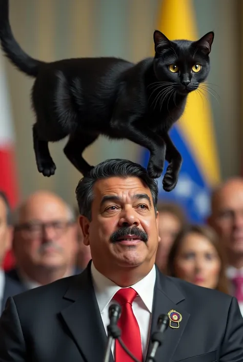 black cat, jumping on Nicolas Maduro&#39;s head 