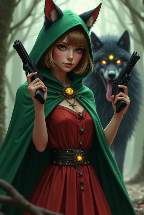 Woman in the image of Little Red Riding Hood ( change red to green) 
Girl in green The girl has wolf ears The girl has a wolf tail behind Her hair is light brown , bob and bangs to the side In the girl&#39;s hands are pistols raised up Nearby is a black wo...