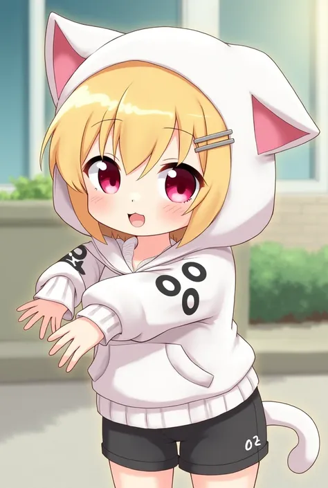 (masterpiece), (highest quality), (illustration), (super detailed), (high resolution), absurdity, one girl, (kagamine-rin), (vocaloid), smile, short hair, hair clip, (hoodie with cat ears), wearing a hoodie hat, moe sleeves, blush, black shorts, (blonde), ...