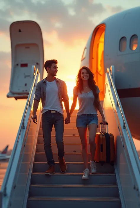 A young couple, climbing the plane stairs.