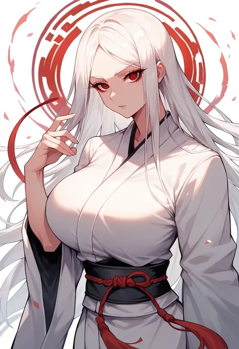 standing, mixed_artwork style, big , detailed eyes, (Girl), beautiful woman, huge breasts, white Long Straight hair, Long Fringe Hair, (White Martial clothes), red eyes