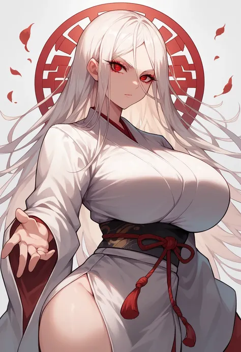 standing, mixed_artwork style, big , detailed eyes, (Girl), beautiful woman, huge breasts, white Long Straight hair, Long Fringe Hair, (White Martial clothes), red eyes