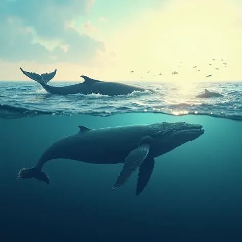 beautiful sea with whales 