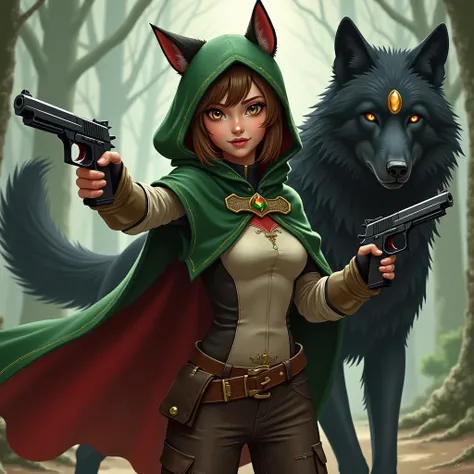 Woman in the image of Little Red Riding Hood ( change red to green) 
Girl in green The girl has wolf ears The girl has a wolf tail behind Her hair is light brown , bob and bangs to the side In the girl&#39;s hands are pistols raised up Nearby is a black wo...