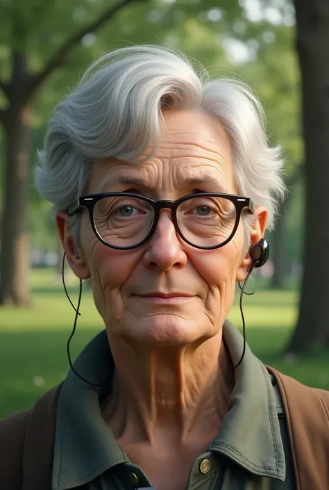 Blind person, face only, with a park background or something in nature where the person&#39;s eyes look half cloudy and with a hearing aid for deaf people in the ear that is not large and that is a realistic adult person.