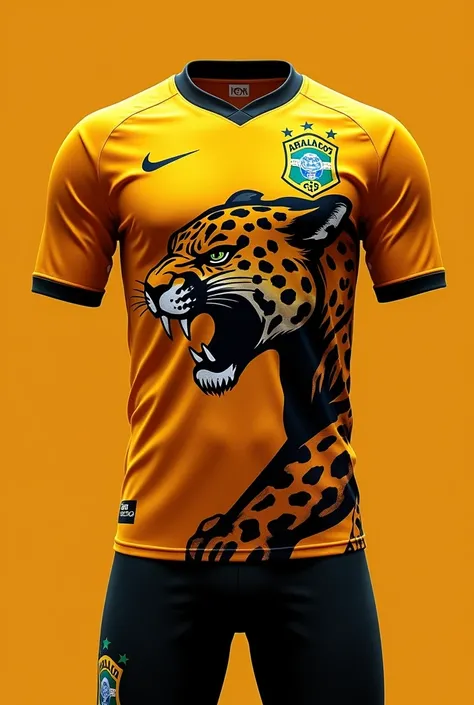 Brazilian team uniform whose main color is orange, the secondary is black and the mascot is a jaguar 