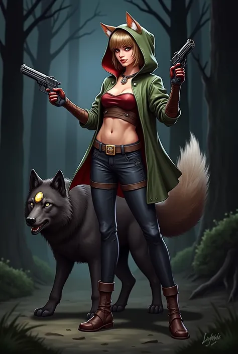 Woman in the image of Little Red Riding Hood ( change red to green) 
Girl in green The girl has wolf ears The girl has a wolf tail behind Her hair is light brown , bob and bangs to the side In the girl&#39;s hands are pistols raised up Nearby is a black wo...