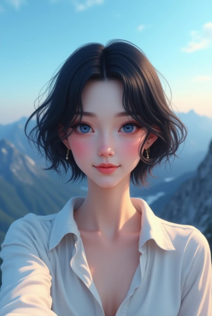 One of a kind , beautiful white-skinned European woman with an angelic face without expression lines, thorny nose, blue eyes and short black hair, smiling, taking a selfie on top of a mountain, with a beautiful blue sky in the background, your clothes are ...