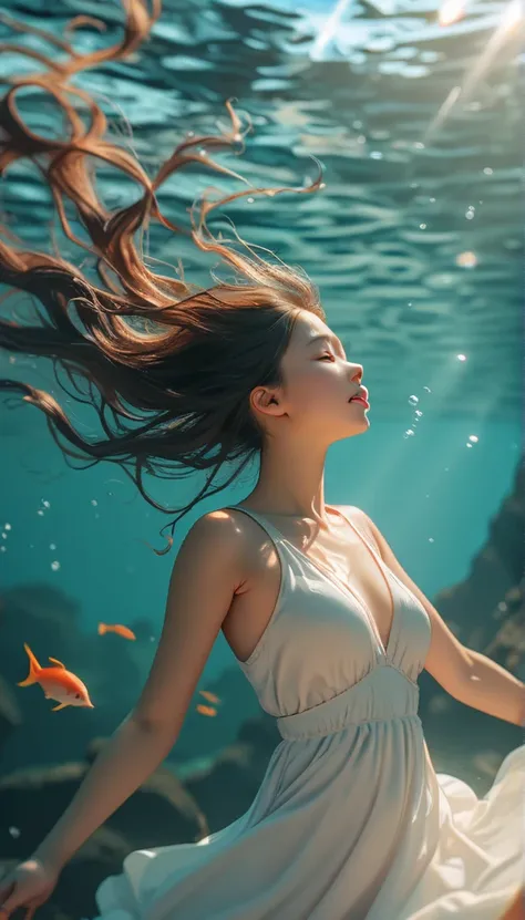 1 girl、Diving Underwater、A loose, short tunic、Fine skin texture、Beautiful blue sea、Sunlight shining on the water、Flowing Hair、A fantastic atmosphere、Vibrant underwater world、(8k、RAW Photos、highest quality、Masterpiece:1.2)、(Real) 、Photorealistic:1.37)、