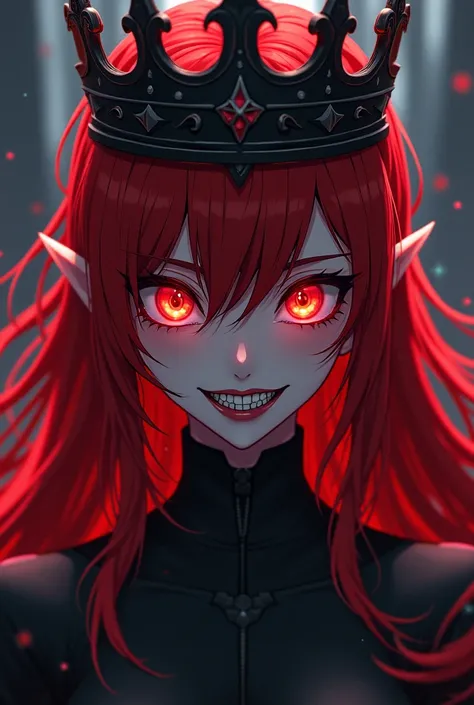 Princesa das trevas com os olhos de sangue, red hair, crown, evil smile, anime style, lens flare, high detail, first-person view, cinematic lighting, masterpiece, super detail, best quality, 8k, UHD