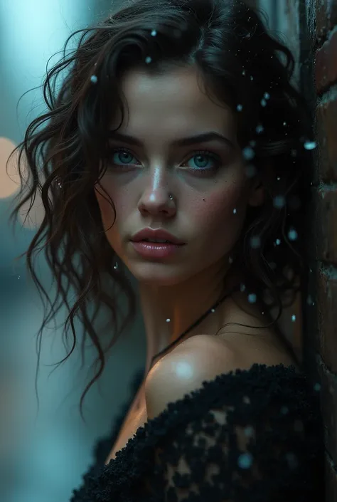 Girl mix of lily collins and tyla brunette with curly hair and blue eyes in the rain