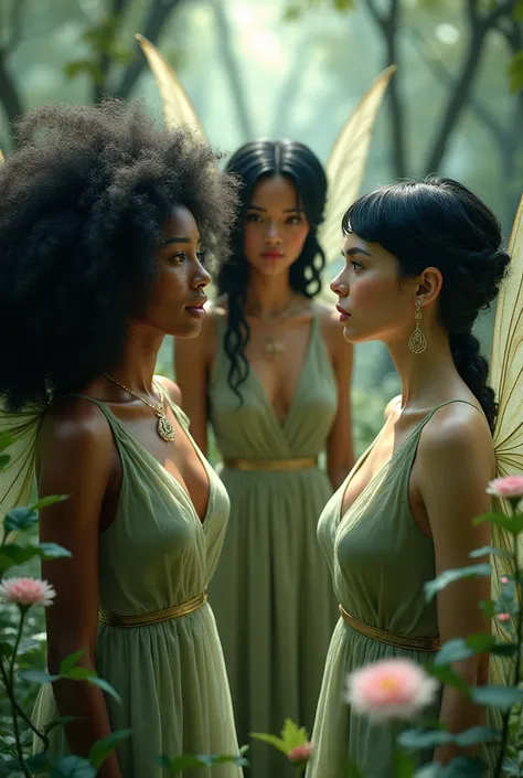 5 fairies. A black woman with curly black hair, the second brunette with straight black hair, the third brunette with dreads, the fourth brunette with short, straight black hair and the fifth white with straight black hair