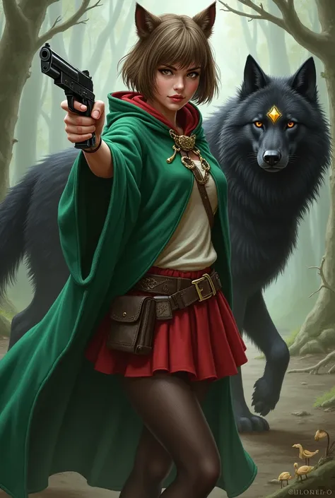 Woman in the image of Little Red Riding Hood ( change red to green) 
Girl in green The girl has wolf ears The girl has a wolf tail behind Her hair is light brown , bob and bangs to the side In the girl&#39;s hands are pistols raised up Nearby is a black wo...