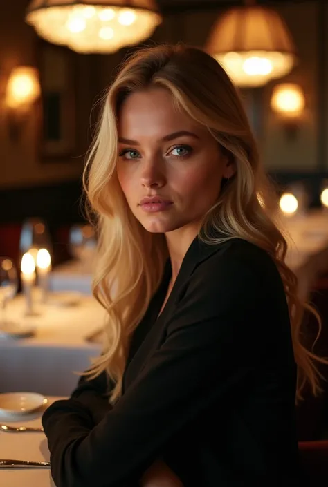 A blonde girl with blue eyes, she is in a restaurant, she is wearing elegant black clothes, iphone camera