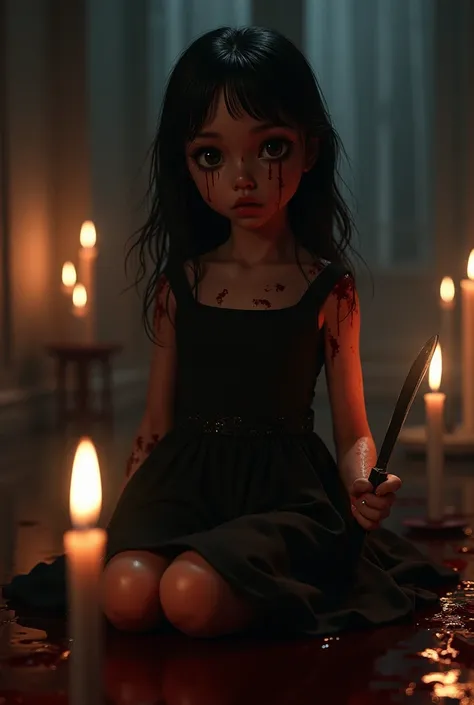 (photorealism:1.2), in African-American girl wearing a black dress while covered in blood, holding a knife with candle surrounding her