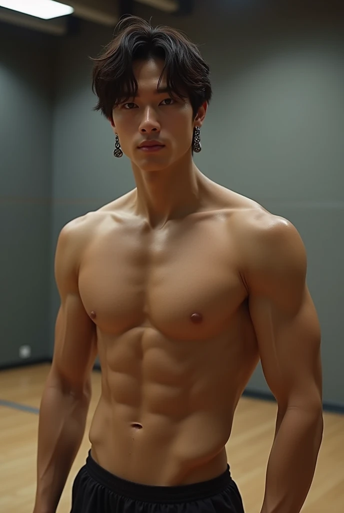 Dark Brown Hair、Super handsome、Earrings、(((Naked Man))), (((19, slim, Muscular, White Bikini, ))), (((Toned Six Pack))), ((((Cool gymnast showing armpit hair))), ((((gym)))), (((Exposing one&#39;s crotch to the audience))), (((beautiful ))), (((Beautiful F...