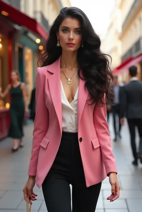 Create an image of a young woman, 2, Weighs on average 60 kg, Beautiful, elegant and sophisticated. She has long, curly, wheat-colored hair.. white skin, His eyes are blue. She is wearing a pink blazer dress., black trousers and a white blouse, Her chest i...