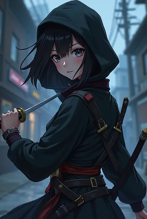 1girl, Black Hair, , Short Hair, a hood assassin katana sword teenage jrpg boots anime aapi
Anime outfit style 